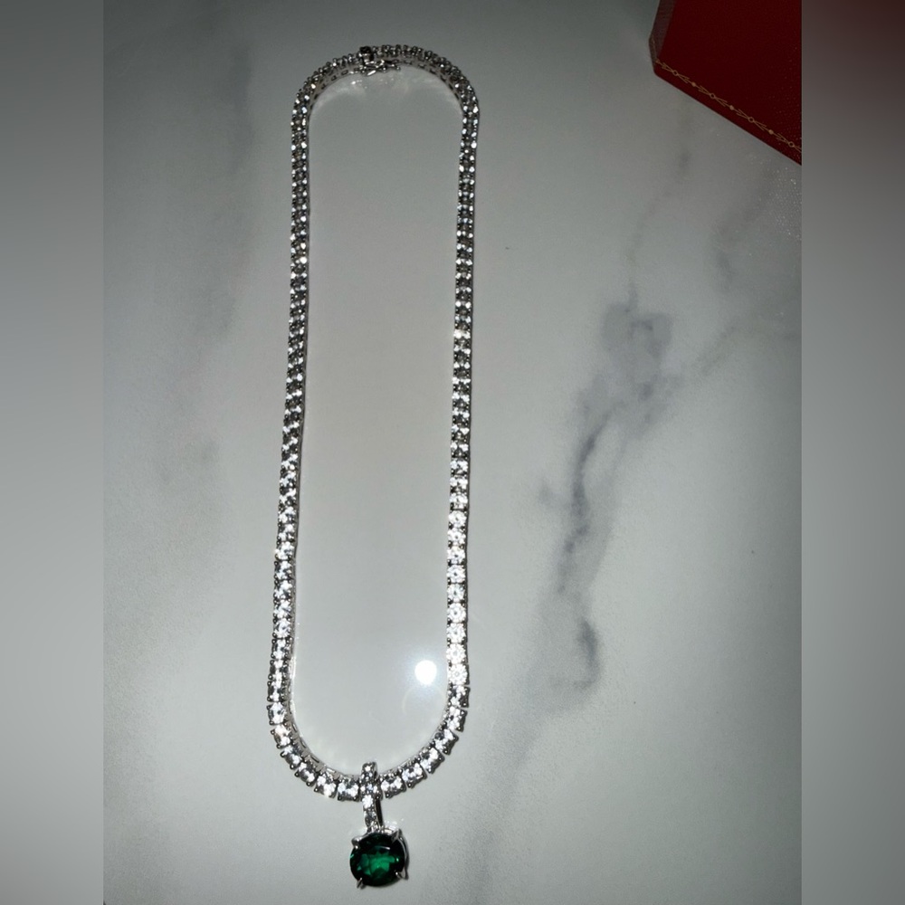 KATE RIVIÈRE NECKLACE IN 3.75MM LAB WHITE SAPPHIRE 16in with emerald pendant - Picture 3 of 10
